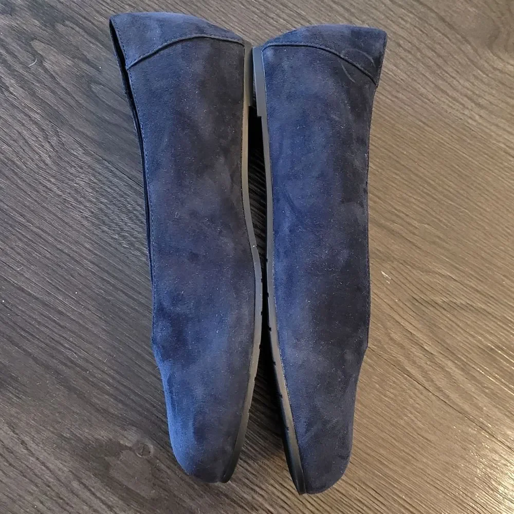 Eileen Fisher Una 2 Navy Blue Suede Flats 7.5 Minimalist Comfort Slip On Wedge